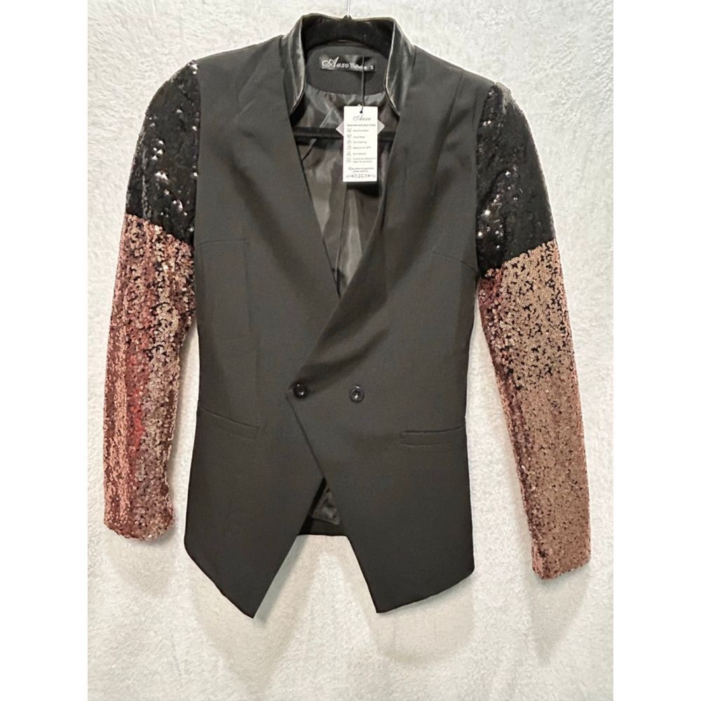 NWT Women's Auxo Black Rose Gold Sequin Sleeve Blazer S‎